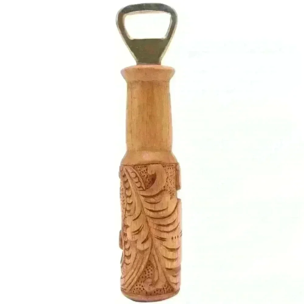 Hand Carved Sugar Wood Bottle Opener with Leaf Motif from Bali - Bottles Up